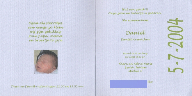 Het geboortekaartje van Daniël Navis - The birthcard of Danië Navis
