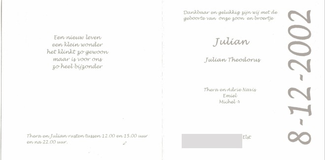 Het geboortekaartje van Julian Navis - The birthcard of Julian Navis